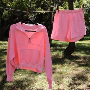 Yogalicious Neon Pink Wash Baby Fleece Cozy Retreat Half Zip Pullover & Shorts
